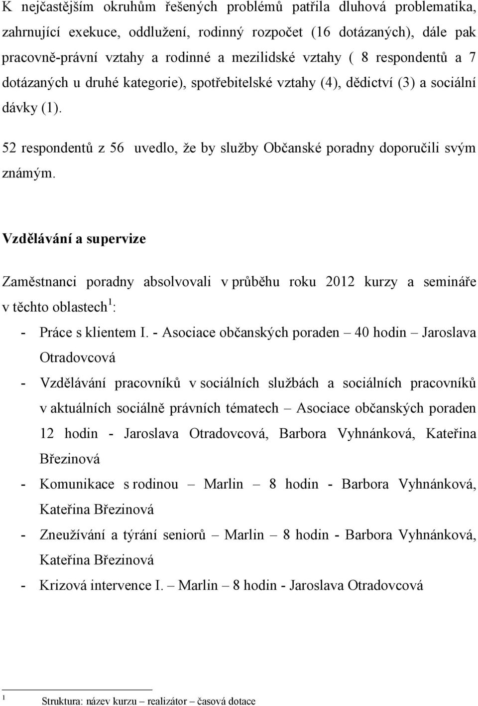 Vzdělávání a supervize Zaměstnanci poradny absolvovali v průběhu roku 2012 kurzy a semináře v těchto oblastech 1 : - Práce s klientem I.