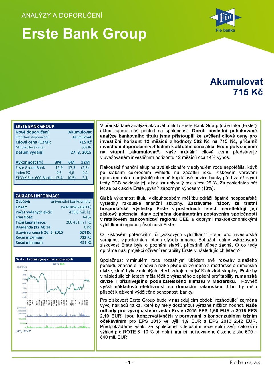 600 Banks 17,4 (0,5) 2,1 ZÁKLADNÍ INFORMACE Odvětví: univerzální bankovnictví Ticker: BAAERBAG (BCPP) Počet vydaných akcií: 429,8 mil. ks. Free float: 64 % Tržní kapitalizace: 260 431 mil.