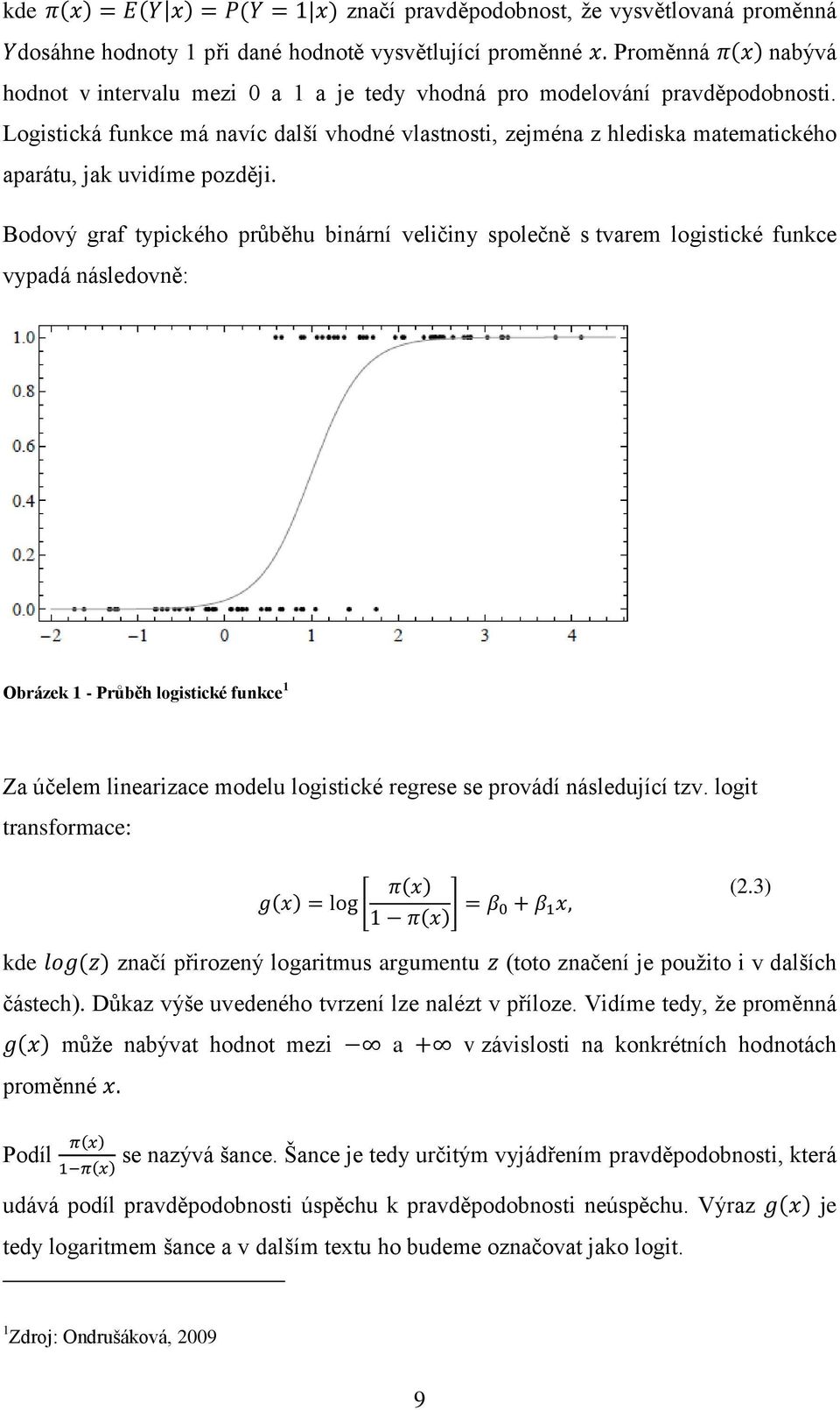 Bodový graf typického průběhu binární veličiny společně s tvarem logistické funkce vypadá následovně: Obrázek 1 - Průběh logistické funkce 1 Za účelem linearizace modelu logistické regrese se provádí