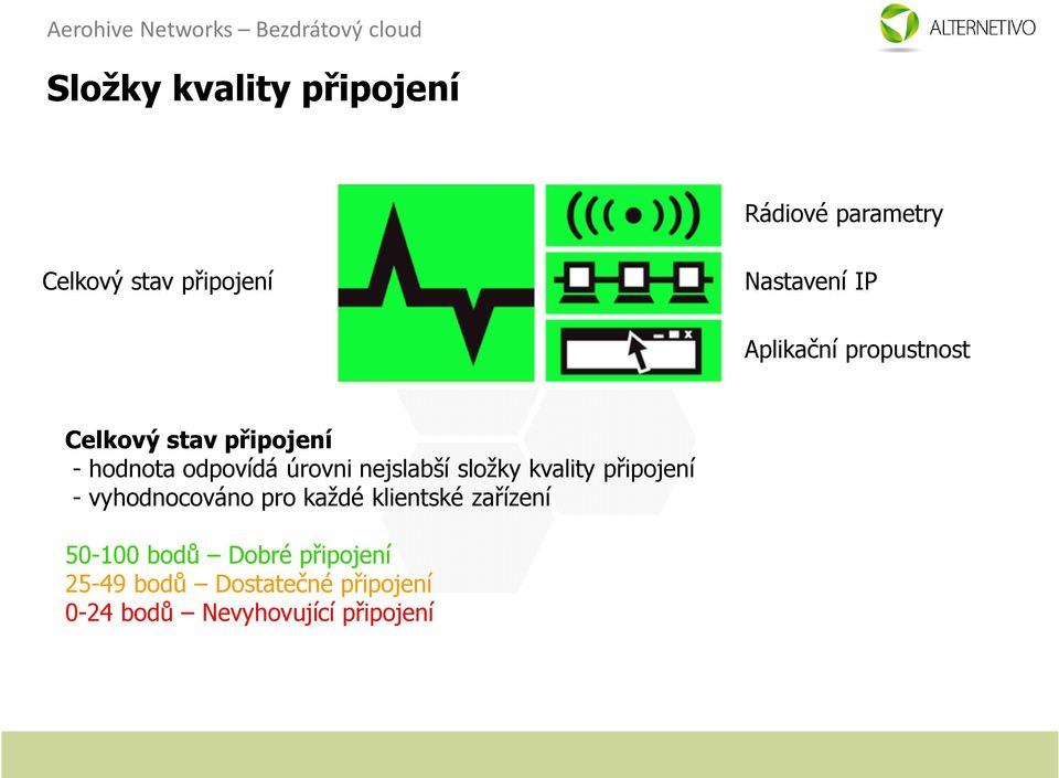 složky kvality připojení - vyhodnocováno pro každé klientské zařízení 50-100