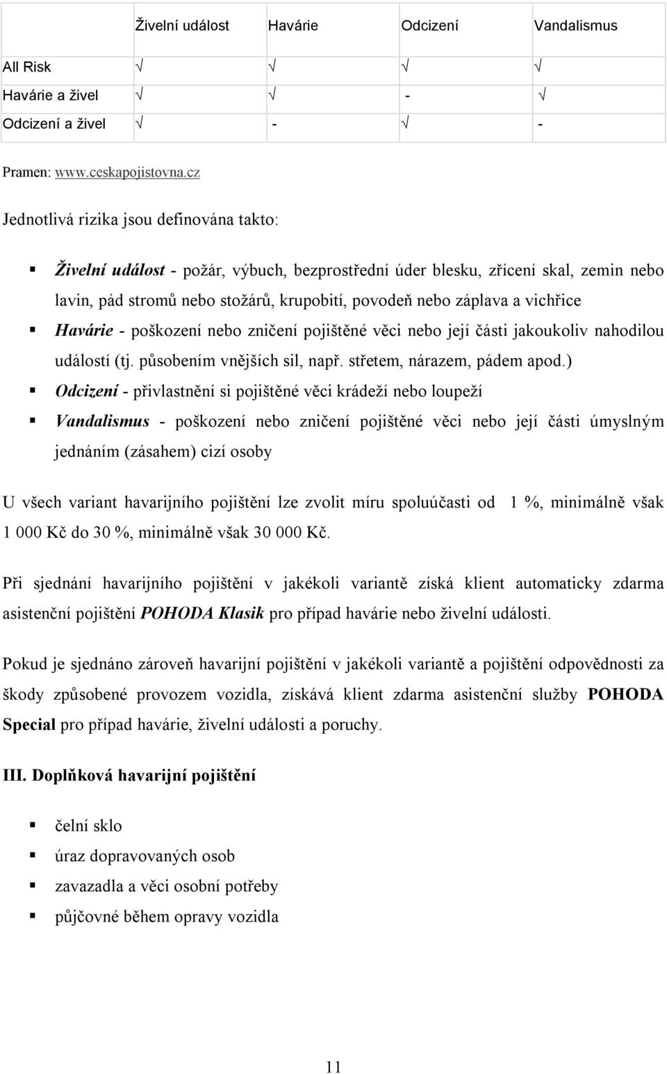 vichřice Havárie - poškození nebo zničení pojištěné věci nebo její části jakoukoliv nahodilou událostí (tj. působením vnějších sil, např. střetem, nárazem, pádem apod.