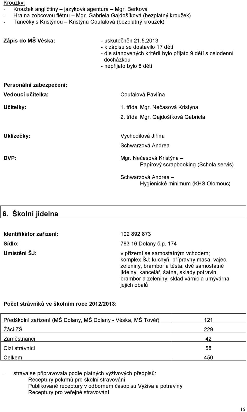 2013 - k zápisu se dostavilo 17 dětí - dle stanovených kritérií bylo přijato 9 dětí s celodenní docházkou - nepřijato bylo 8 dětí Personální zabezpečení: Vedoucí učitelka: Učitelky: Coufalová Pavlína