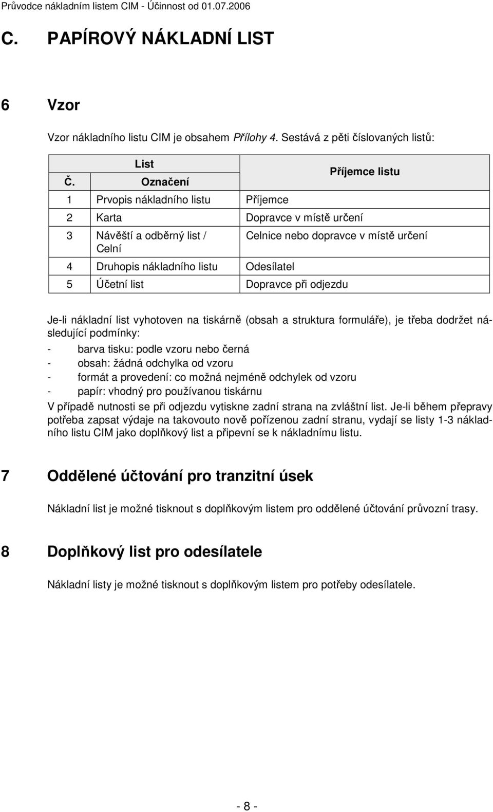 Účetní list Dopravce při odjezdu Je-li nákladní list vyhotoven na tiskárně (obsah a struktura formuláře), je třeba dodržet následující podmínky: - barva tisku: podle vzoru nebo černá - obsah: žádná