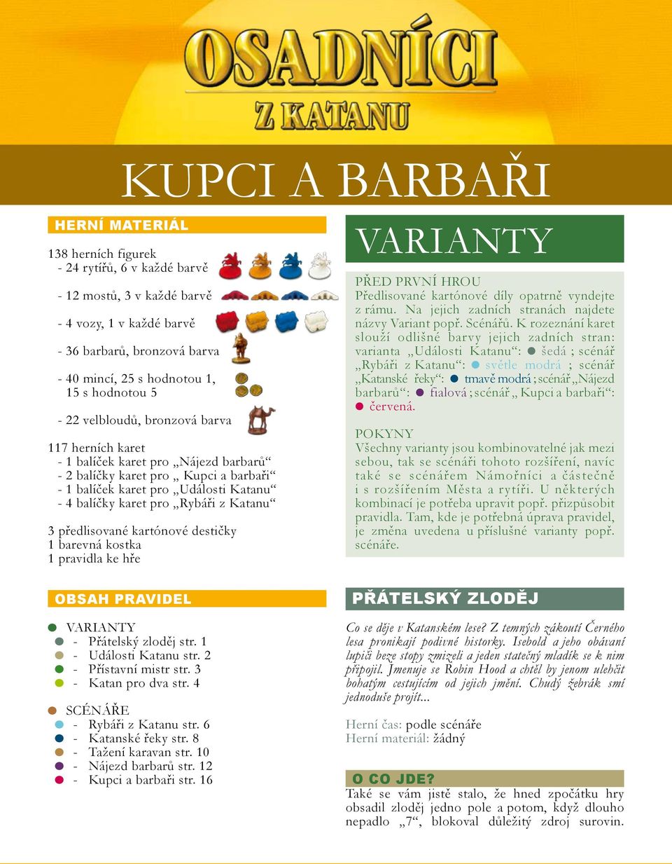 z Katanu 3 předlisované kartónové destičky 1 barevná kostka 1 pravidla ke hře Obsah pravidel VARIANTY - Přátelský zloděj str. 1 - Události Katanu str. 2 - Přístavní mistr str. 3 - Katan pro dva str.