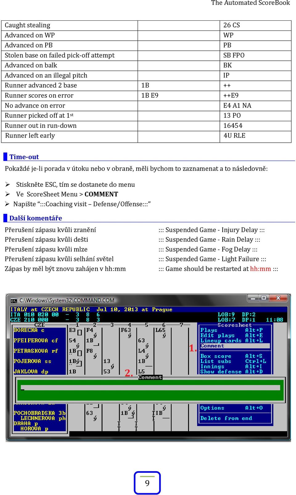 to zaznamenat a to následovně: Stiskněte ESC, tím se dostanete do menu Ve ScoreSheet Menu > COMMENT Napište :::Coaching visit Defense/Offense::: Další komentáře Přerušení zápasu kvůli zranění