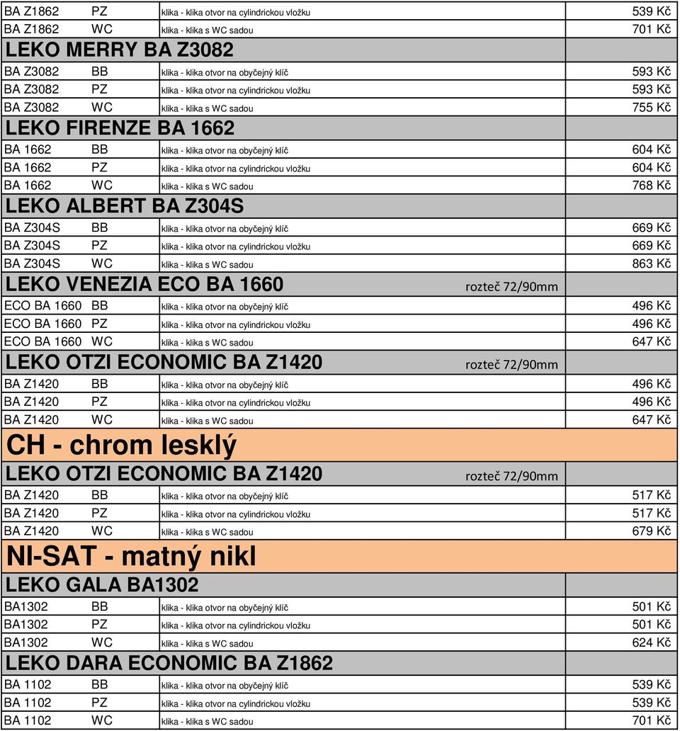 cylindrickou vložku 604 Kč BA 1662 WC klika - klika s WC sadou 768 Kč LEKO ALBERT BA Z304S BA Z304S BB klika - klika otvor na obyčejný klíč 669 Kč BA Z304S PZ klika - klika otvor na cylindrickou