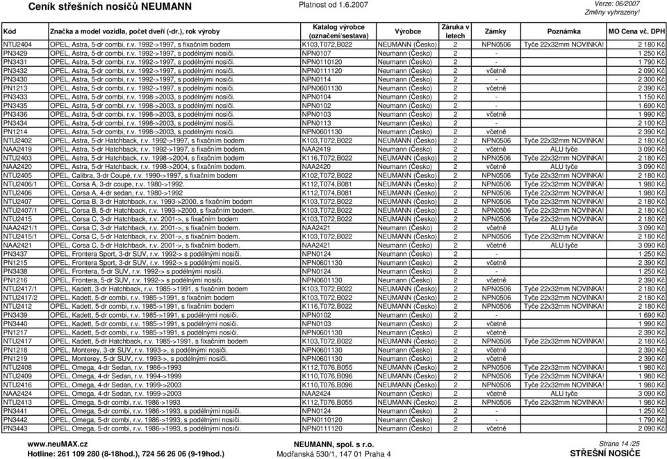 v. 1992->1997, s podélnými nosiči. NPN0114 Neumann (Česko) 2-2 300 Kč PN1213 OPEL, Astra, 5-dr combi, r.v. 1992->1997, s podélnými nosiči. NPN0601130 Neumann (Česko) 2 včetně 2 390 Kč PN3433 OPEL, Astra, 5-dr combi, r.