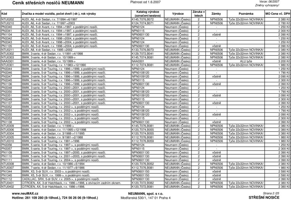 v. 1994->1997, s podélnými nosiči. NPN0601130 Neumann (Česko) 2 včetně 2 390 Kč PN3342 AUDI, A6, 5-dr Avant, r.v. 1998->2004, s podélnými nosiči.