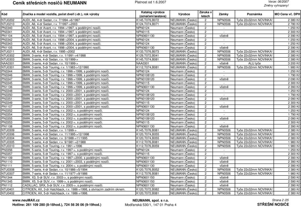 v. 1994->1997, s podélnými nosiči. NPN0601130 Neumann (Česko) 2 včetně 2 390 Kč PN3342 AUDI, A6, 5-dr Avant, r.v. 1998->2004, s podélnými nosiči.