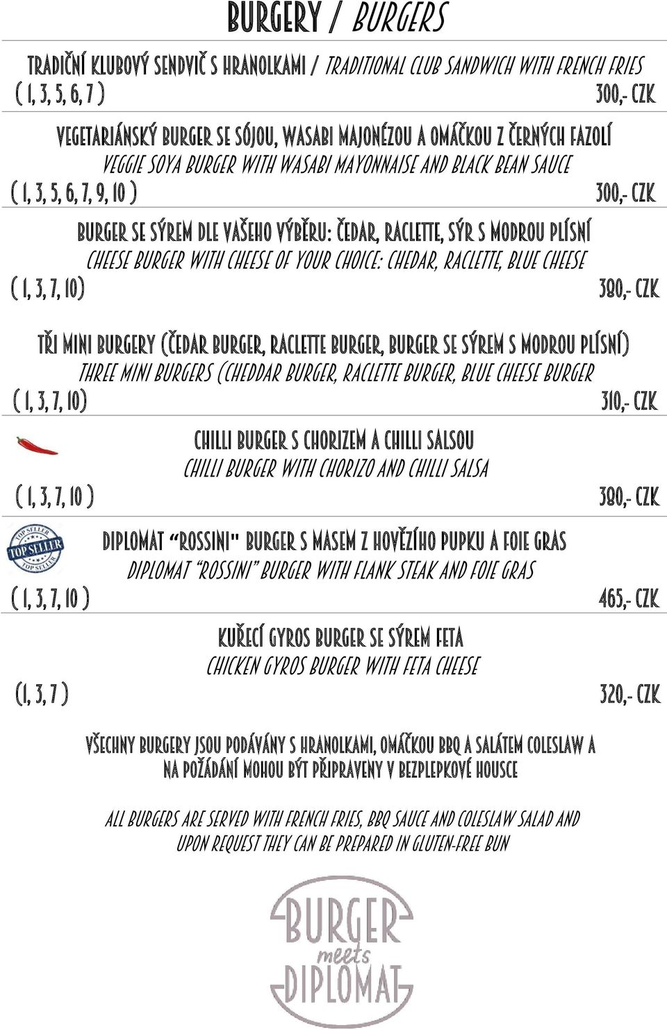 cheese of your choice: chedar, raclette, blue cheese ( 1, 3, 7, 10) 380,- CZK Tři mini burgery (čedar burger, raclette burger, burger se sýrem s modrou plísní) Three mini burgers (cheddar burger,