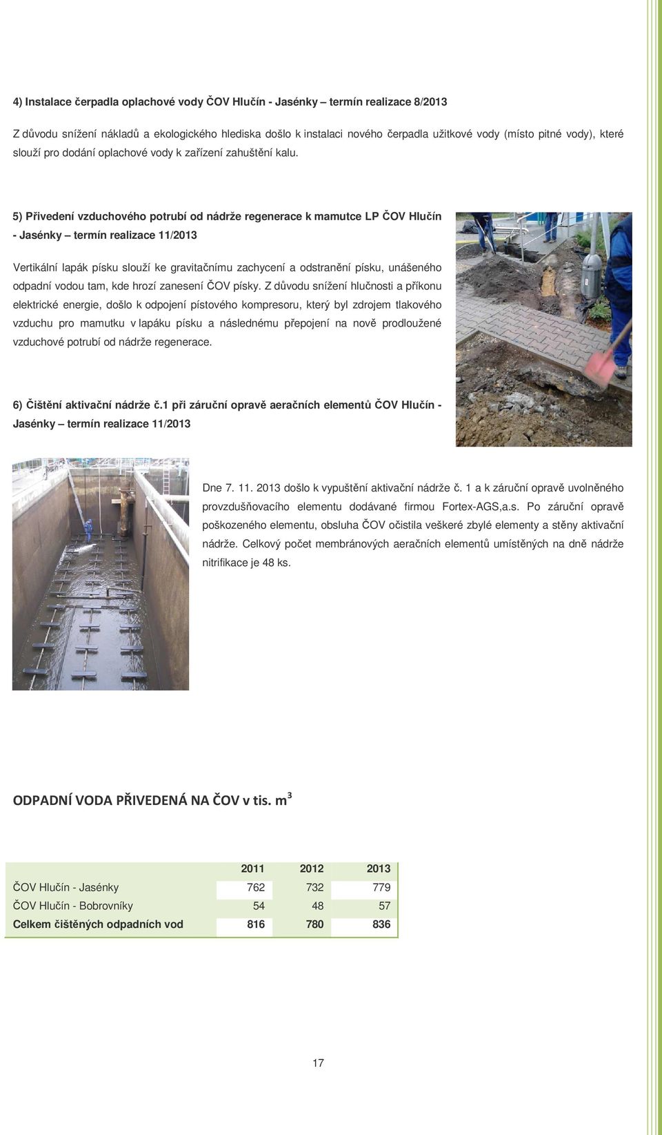 5) Přivedení vzduchového potrubí od nádrže regenerace k mamutce LP ČOV Hlučín - Jasénky termín realizace 11/2013 Vertikální lapák písku slouží ke gravitačnímu zachycení a odstranění písku, unášeného