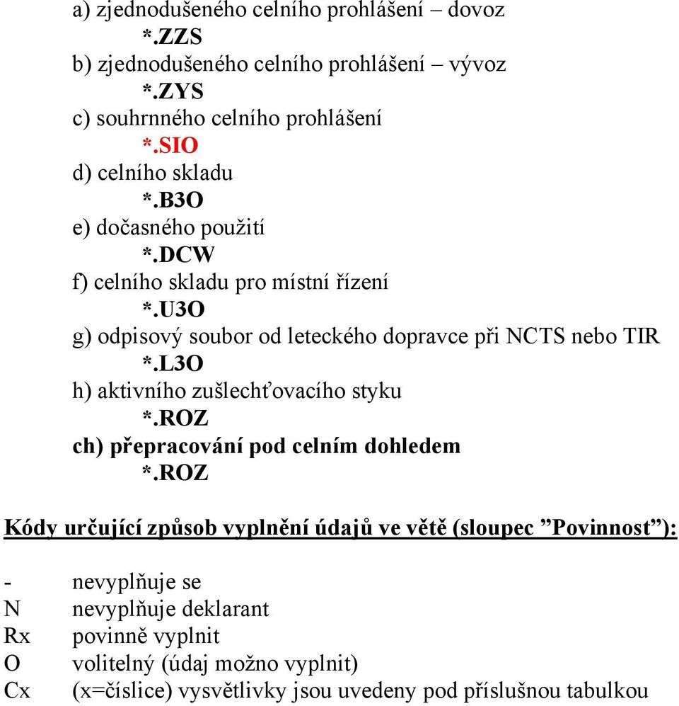 U3O g) odpisový soubor od leteckého dopravce při NCTS nebo TIR *.L3O h) aktivního zušlechťovacího styku *.ROZ ch) přepracování pod celním dohledem *.