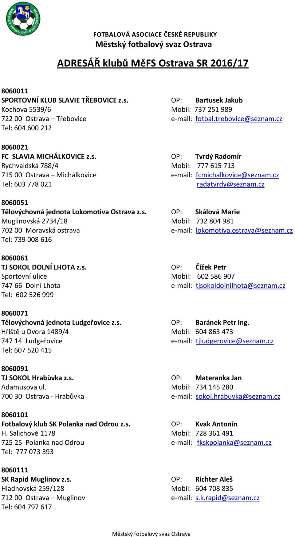 cz Tel: 603 778 021 radatvrdy@seznam.cz 8060051 Tělovýchovná jednota Lokomotiva Ostrava z.s. OP: Skálová Marie Muglinovská 2734/18 Mobil: 732 804 981 702 00 Moravská ostrava e-mail: lokomotiva.