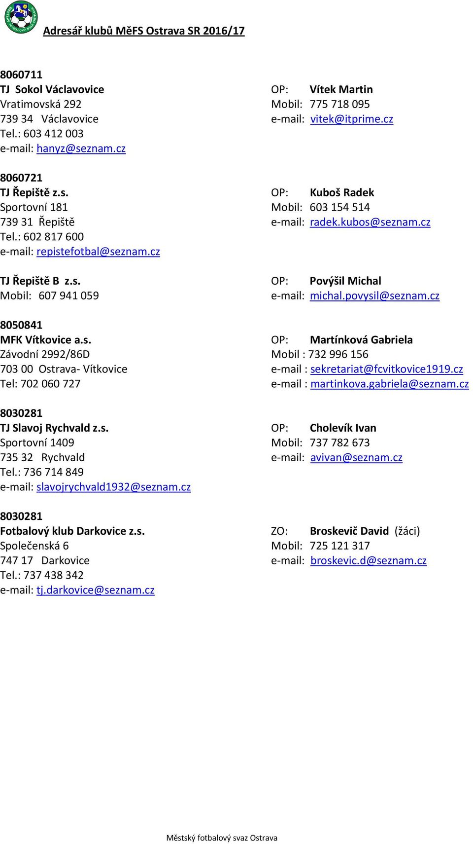cz Tel: 702 060 727 e-mail : martinkova.gabriela@seznam.cz 8030281 TJ Slavoj Rychvald z.s. OP: Cholevík Ivan Sportovní 1409 Mobil: 737 782 673 735 32 Rychvald e-mail: avivan@seznam.cz Tel.: 736 714 849 e-mail: slavojrychvald1932@seznam.