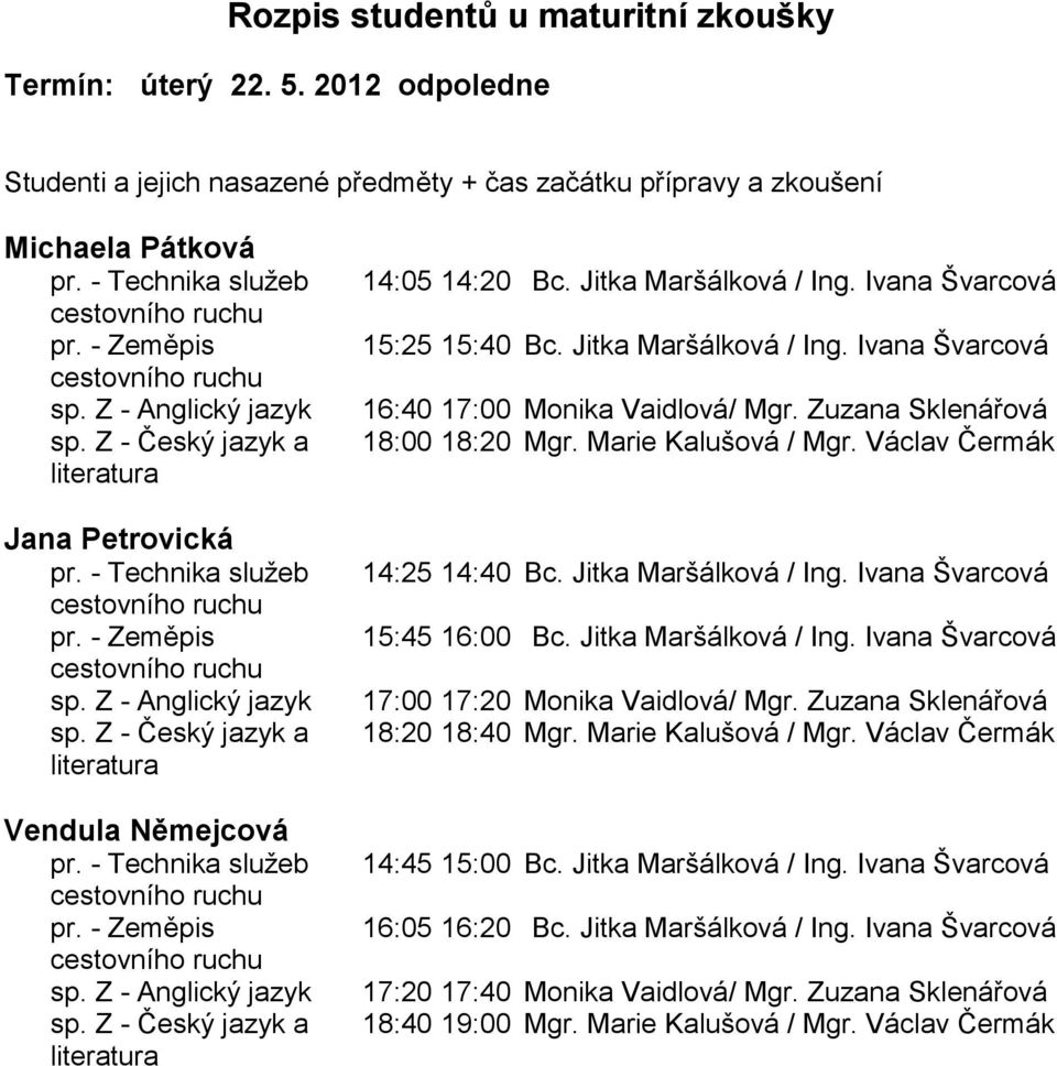 Zuzana Sklenářová 18:20 18:40 Mgr. Marie Kalušová / Mgr. Václav Čermák 14:45 15:00 Bc. Jitka Maršálková / Ing. Ivana Švarcová 16:05 16:20 Bc. Jitka Maršálková / Ing. Ivana Švarcová 17:20 17:40 Monika Vaidlová/ Mgr.