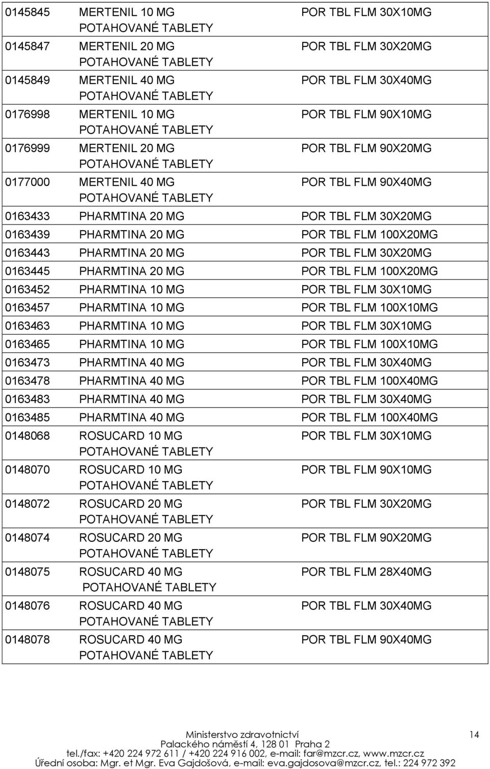 PHARMTINA 20 MG POR TBL FLM 100X20MG 0163452 PHARMTINA 10 MG POR TBL FLM 30X10MG 0163457 PHARMTINA 10 MG POR TBL FLM 100X10MG 0163463 PHARMTINA 10 MG POR TBL FLM 30X10MG 0163465 PHARMTINA 10 MG POR