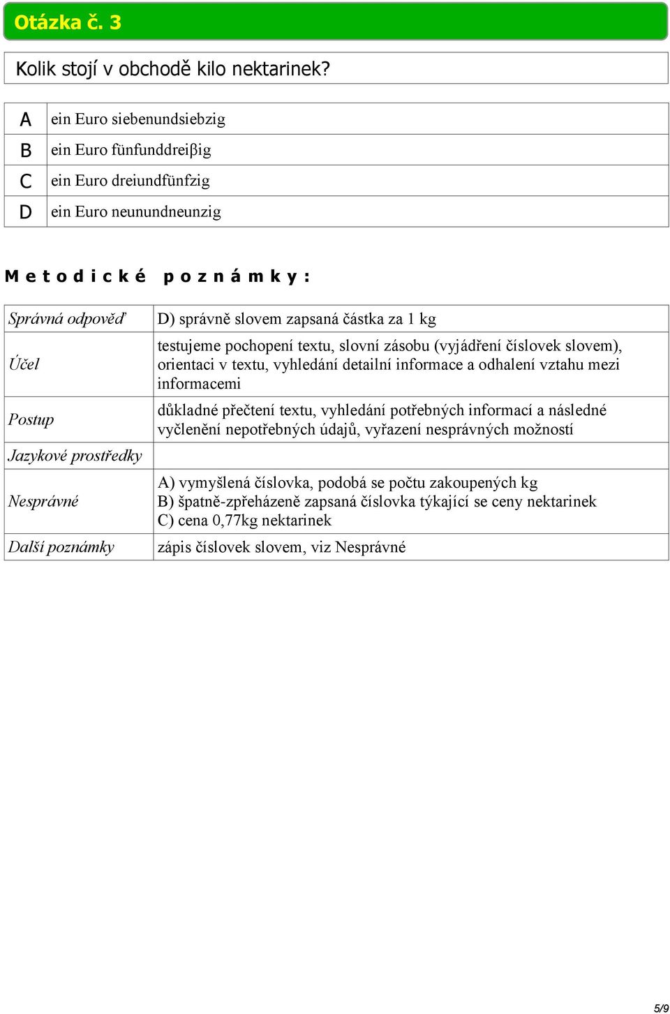 pochopení textu, slovní zásobu (vyjádření číslovek slovem), orientaci v textu, vyhledání detailní informace a odhalení vztahu mezi informacemi důkladné přečtení