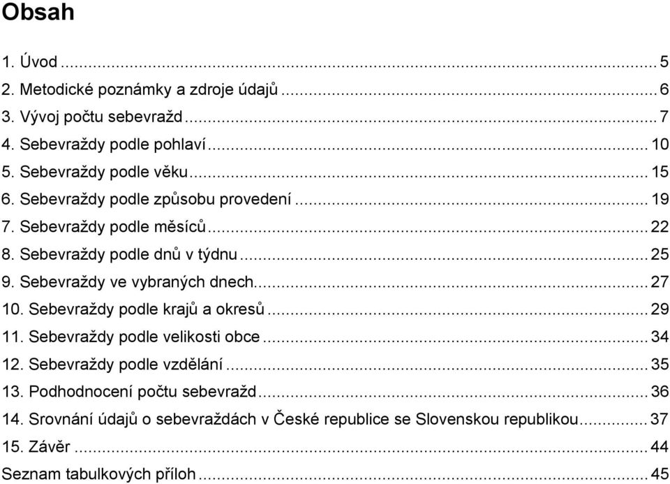 Sebevraždy ve vybraných dnech... 27 10. Sebevraždy podle krajů a okresů... 29 11. Sebevraždy podle velikosti obce... 34 12. Sebevraždy podle vzdělání.