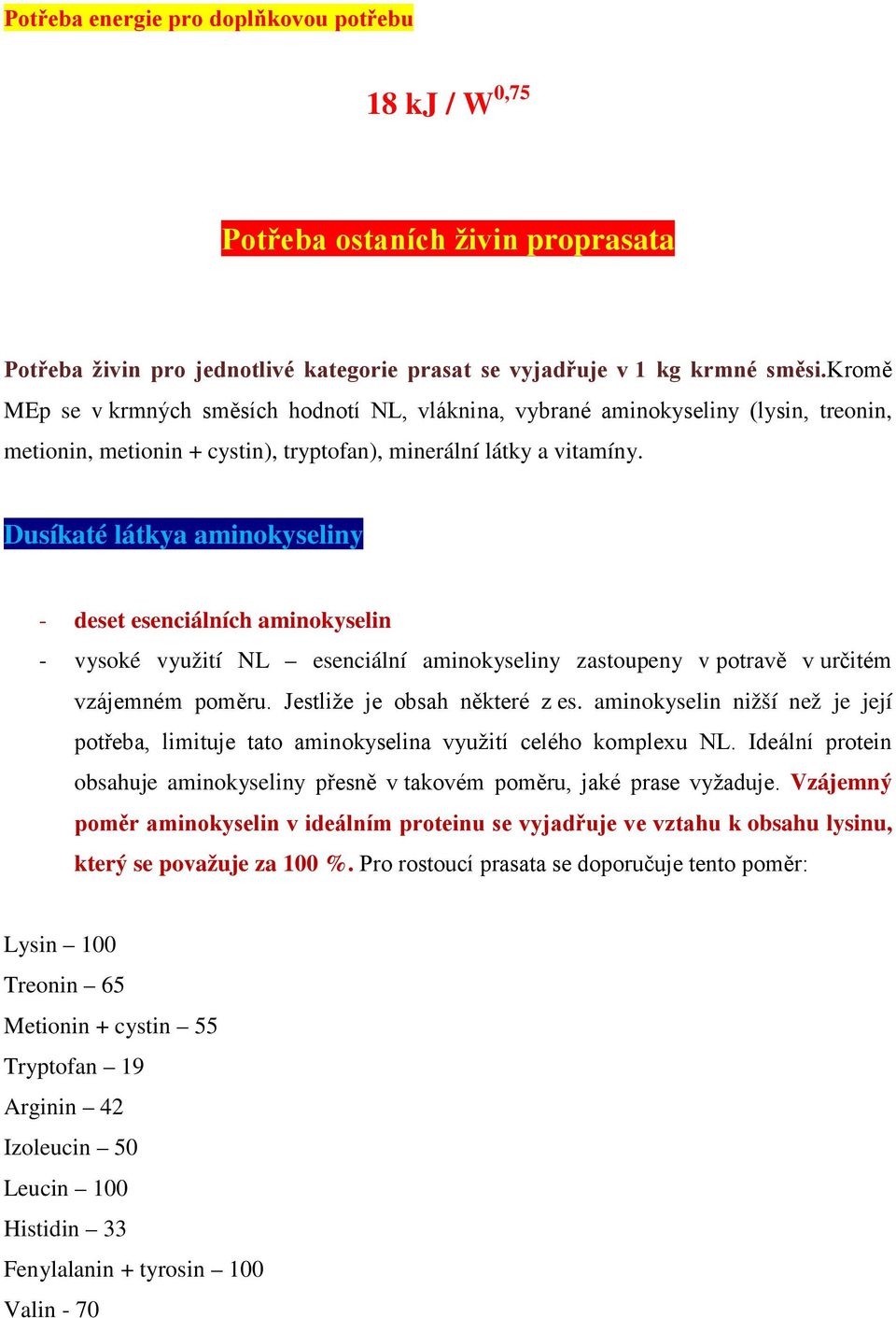 Dusíkaté látkya aminokyseliny - deset esenciálních aminokyselin - vysoké využití NL esenciální aminokyseliny zastoupeny v potravě v určitém vzájemném poměru. Jestliže je obsah některé z es.