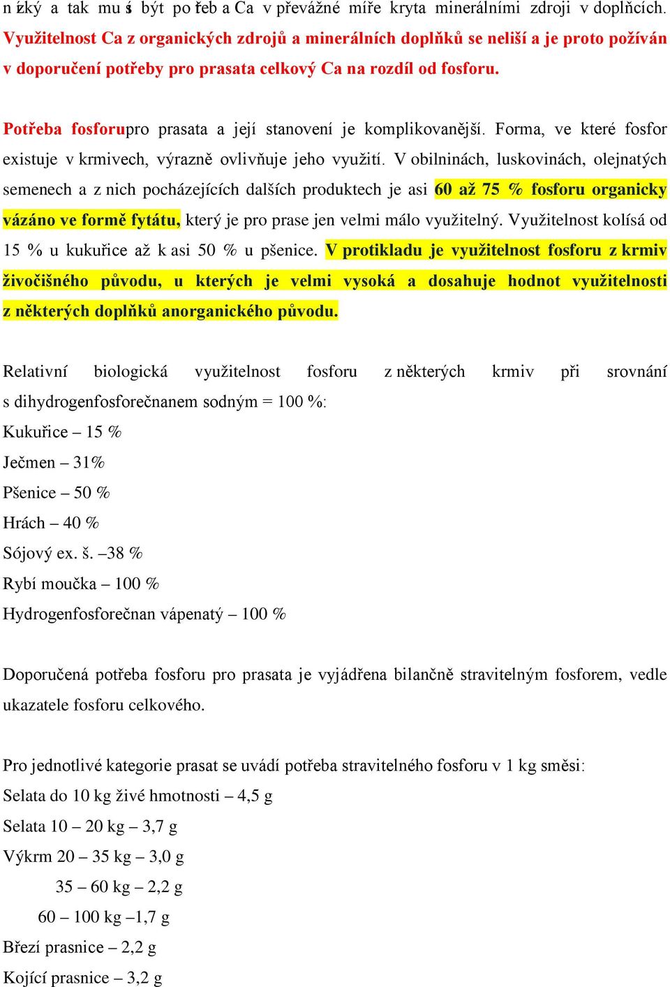 Potřeba fosforupro prasata a její stanovení je komplikovanější. Forma, ve které fosfor existuje v krmivech, výrazně ovlivňuje jeho využití.