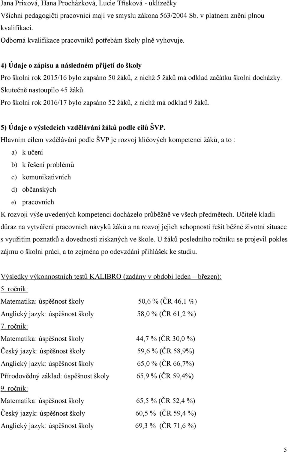 4) Údaje o zápisu a následném přijetí do školy Pro školní rok 2015/16 bylo zapsáno 50 žáků, z nichž 5 žáků má odklad začátku školní docházky. Skutečně nastoupilo 45 žáků.