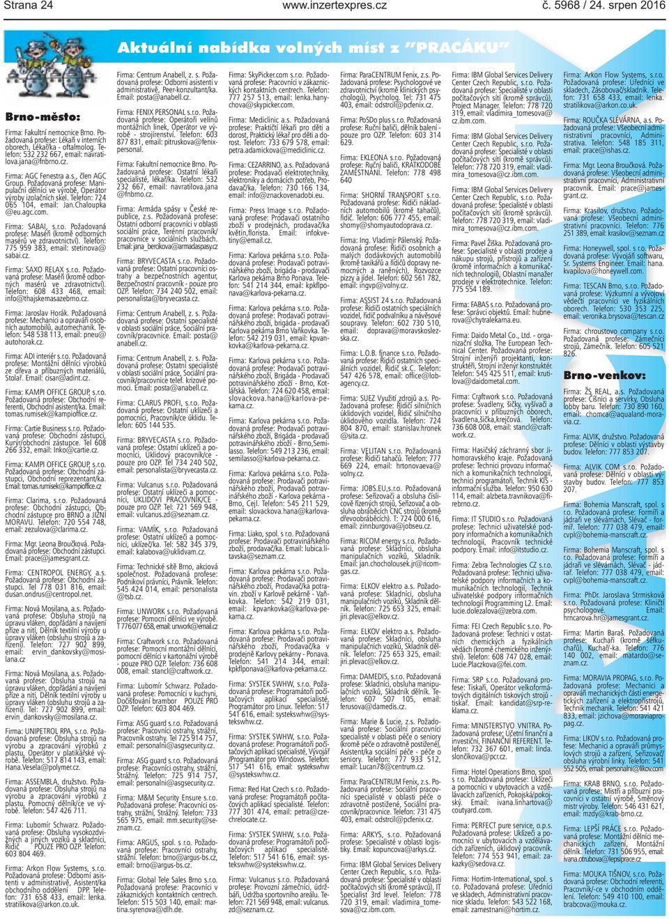 Požadovaná profese: Manipulační dělníci ve výrobě, Operátor výroby izolačních skel. Telefon: 724 065 104, email: Jan.Chaloupka @eu.agc.com. Firma: SABAI, s.r.o. Požadovaná profese: Maséři (kromě odborných masérů ve zdravotnictví).