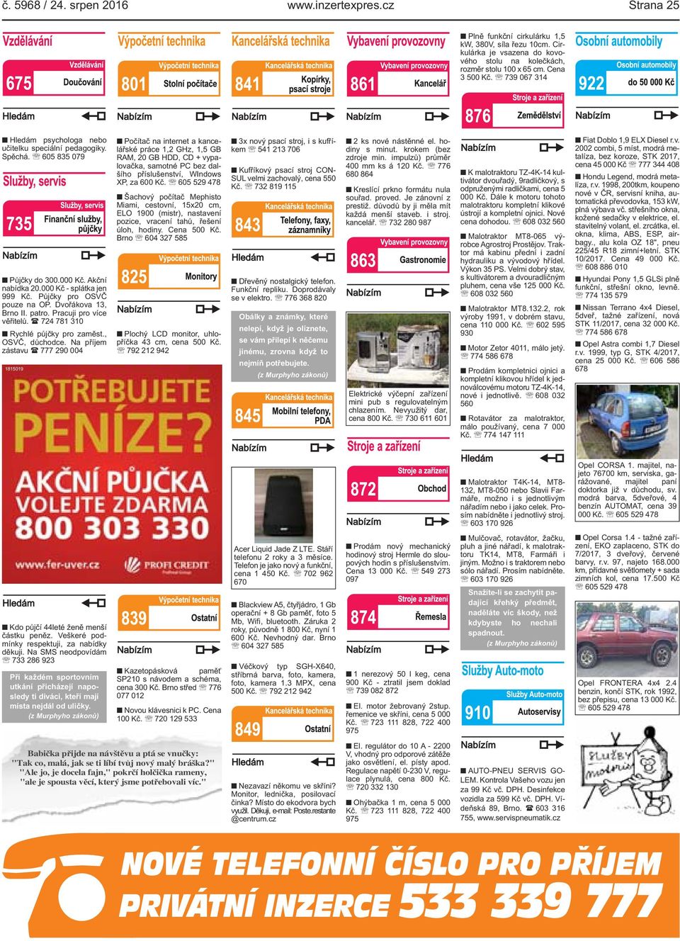 Dvořákova 13, Brno II. patro. Pracuji pro více věřitelů. ( 724 781 310 Rychlé půjčky pro zaměst., OSVČ, důchodce.