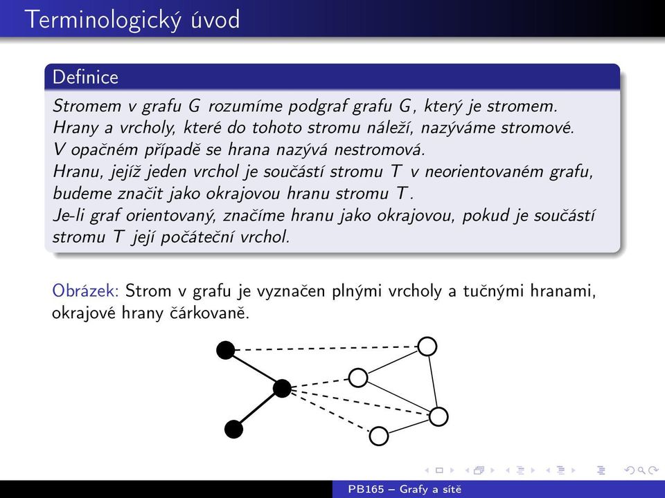 Hranu, jejíž jeden vrchol je součástí stromu T v neorientovaném grafu, budeme značit jako okrajovou hranu stromu T.
