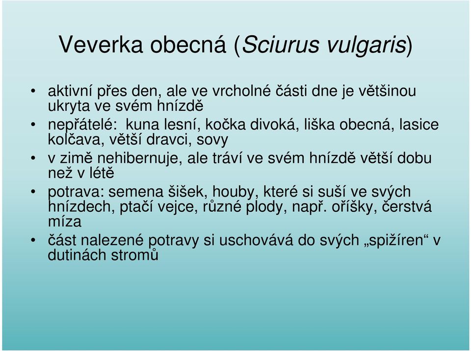 tráví ve svém hnízdě větší dobu než v létě potrava: semena šišek, houby, které si suší ve svých hnízdech, ptačí