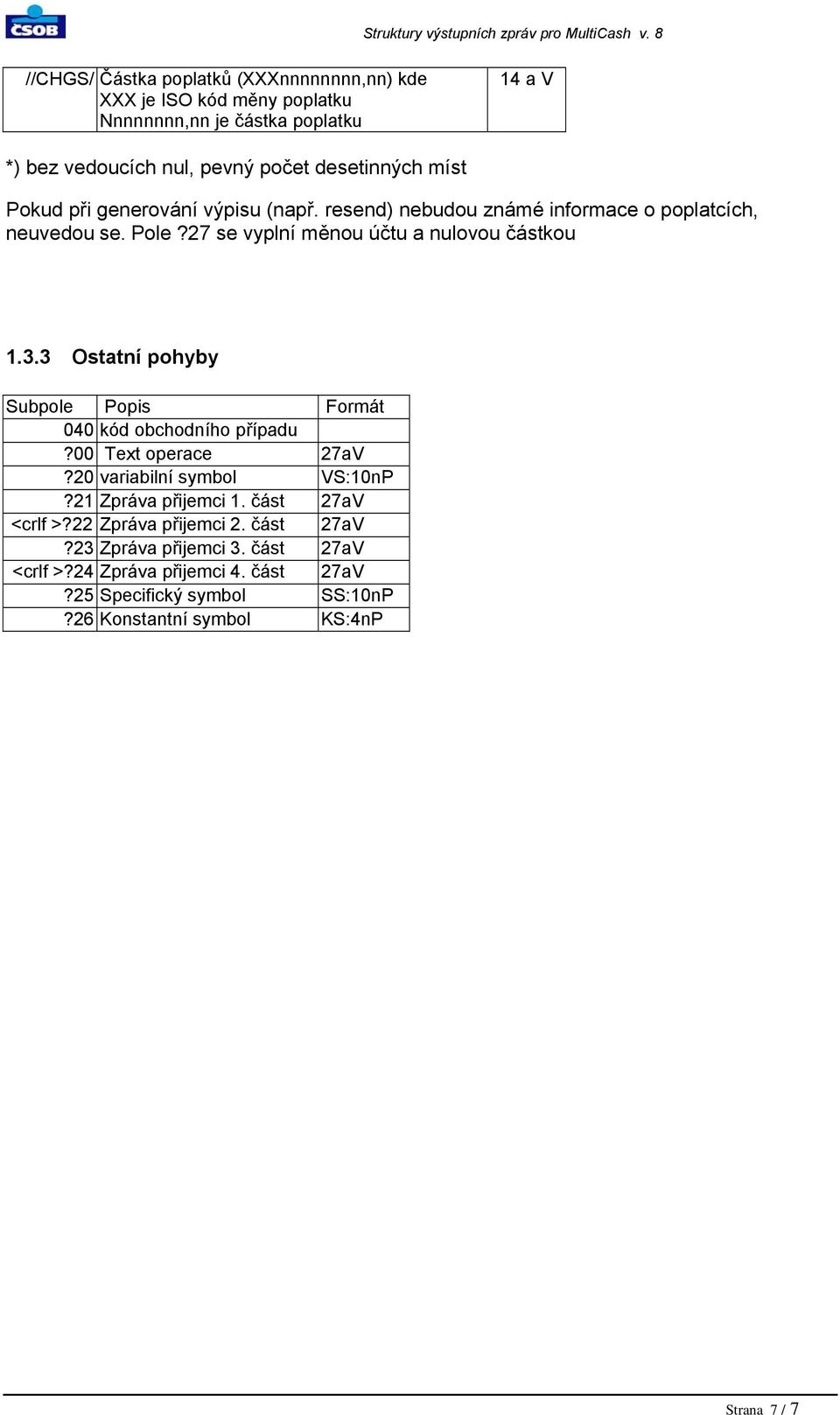 při generování výpisu (např. resend) nebudou známé informace o poplatcích, neuvedou se. Pole?27 se vyplní měnou účtu a nulovou částkou 1.3.