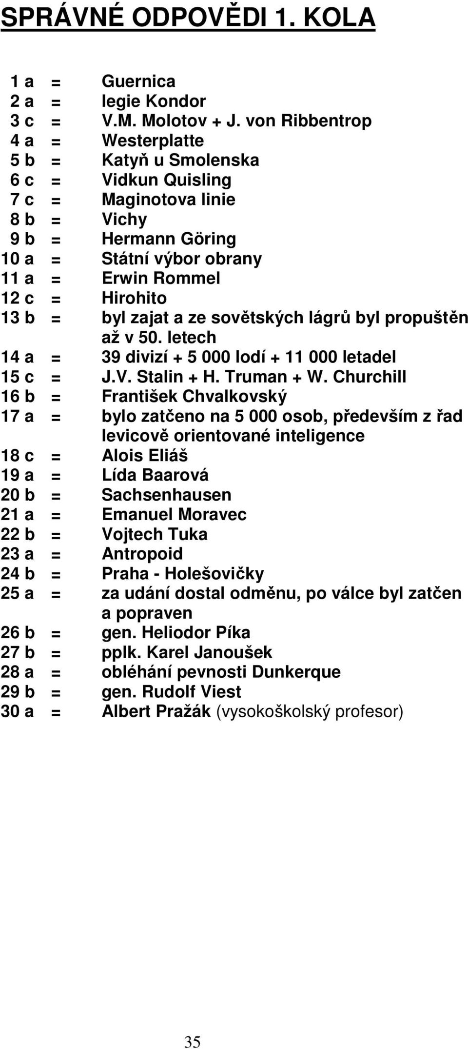 13 b = byl zajat a ze sovětských lágrů byl propuštěn až v 50. letech 14 a = 39 divizí + 5 000 lodí + 11 000 letadel 15 c = J.V. Stalin + H. Truman + W.