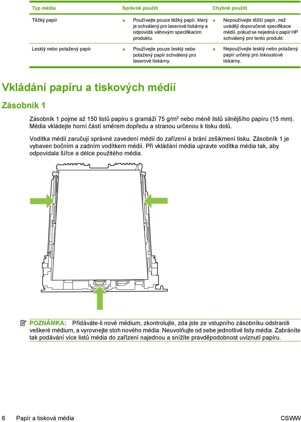 Nepoužívejte těžší papír, než uvádějí doporučené specifikace médií, pokud se nejedná o papír HP schválený pro tento produkt. Nepoužívejte lesklý nebo potažený papír určený pro inkoustové tiskárny.