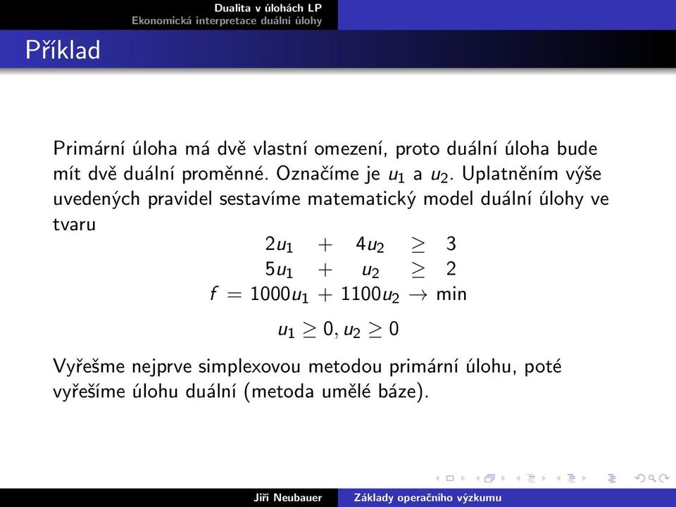 Uplatněním výše uvedených pravidel sestavíme matematický model duální úlohy ve tvaru