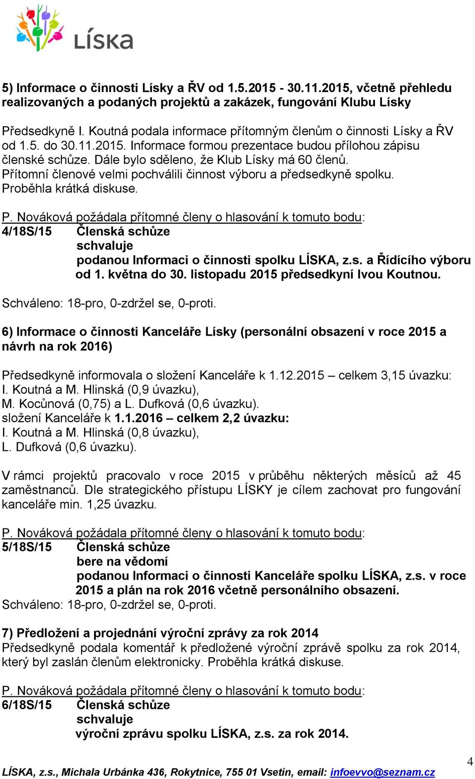 Přítomní členové velmi pochválili činnost výboru a předsedkyně spolku. Proběhla krátká diskuse. 4/18S/15 Členská schůze podanou Informaci o činnosti spolku LÍSKA, z.s. a Řídícího výboru od 1.