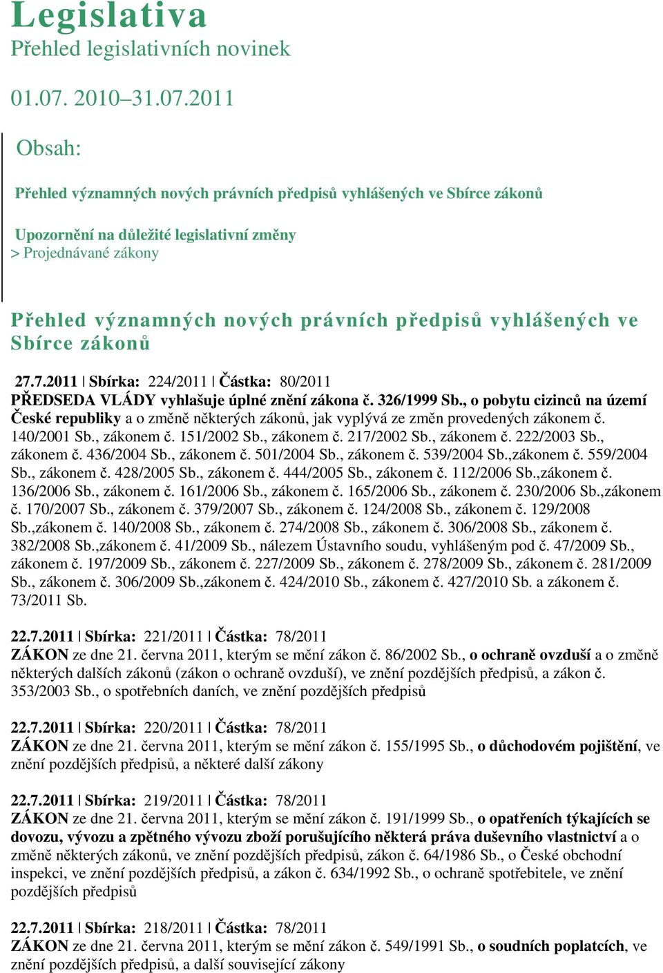 2011 Obsah: Přehled významných nových právních předpisů vyhlášených ve Sbírce zákonů Upozornění na důležité legislativní změny > Projednávané zákony Přehled významných nových právních předpisů