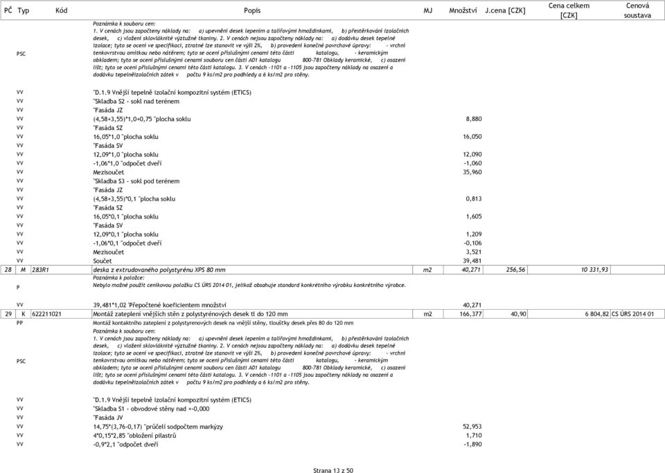 V cenách nejsou započteny náklady na: a) dodávku desek tepelné izolace; tyto se ocení ve specifikaci, ztratné lze stanovit ve výši 2%, b) provedení konečné povrchové úpravy: - vrchní tenkovrstvou