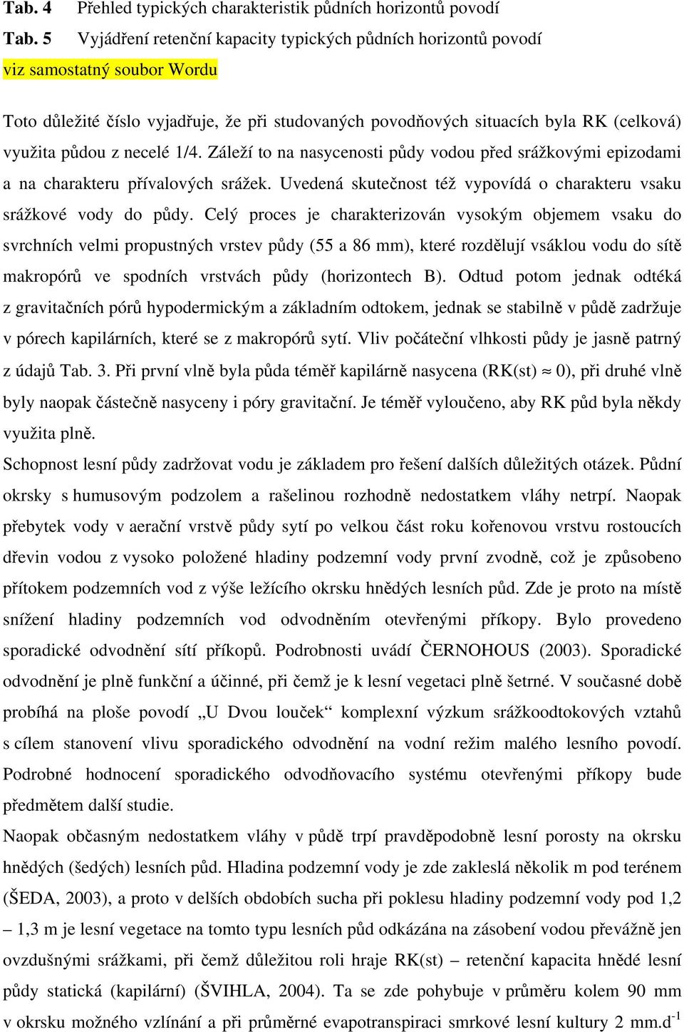 necelé 1/4. Záleží to na nasycenosti půdy vodou před srážkovými epizodami a na charakteru přívalových srážek. Uvedená skutečnost též vypovídá o charakteru vsaku srážkové vody do půdy.