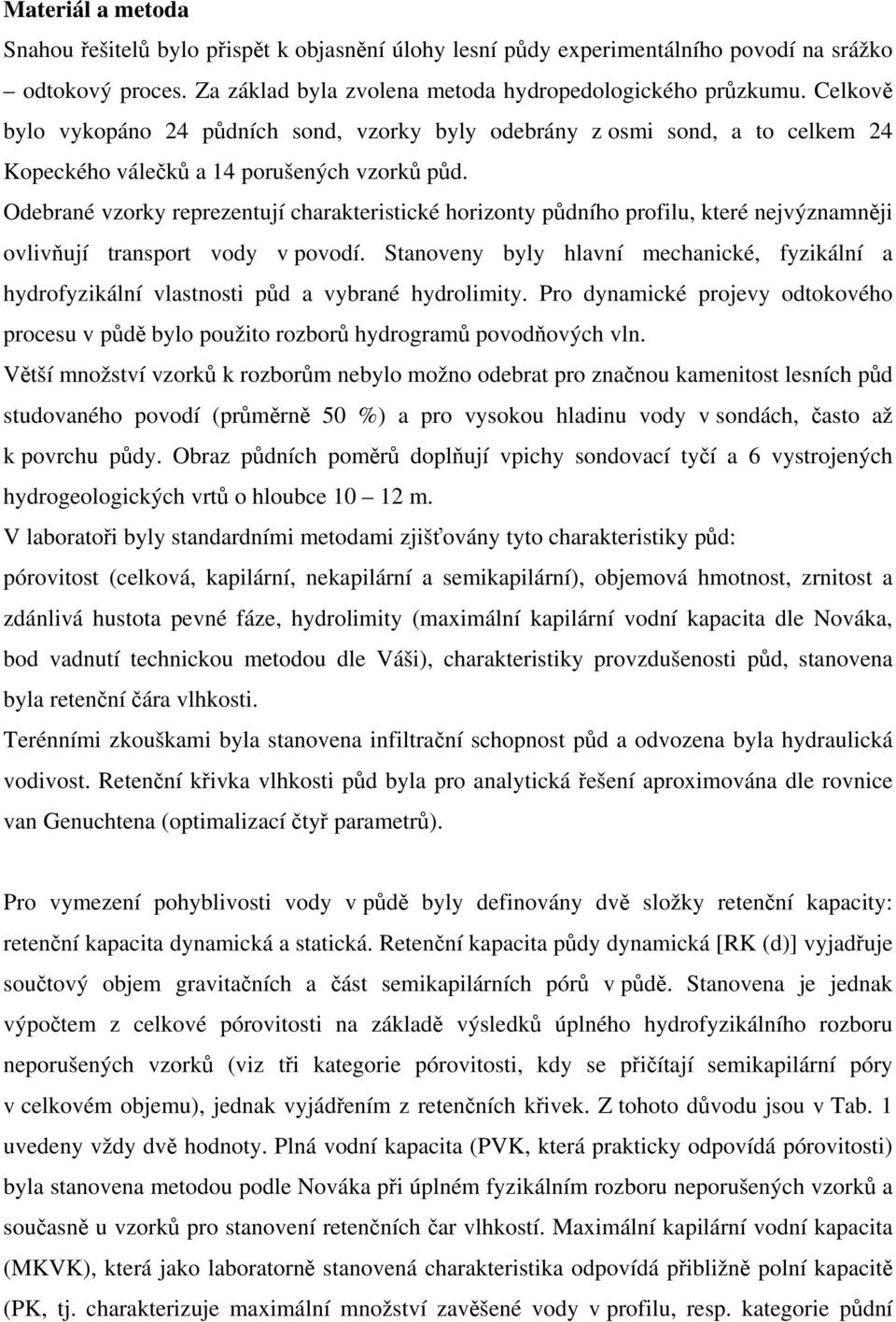 Odebrané vzorky reprezentují charakteristické horizonty půdního profilu, které nejvýznamněji ovlivňují transport vody v povodí.