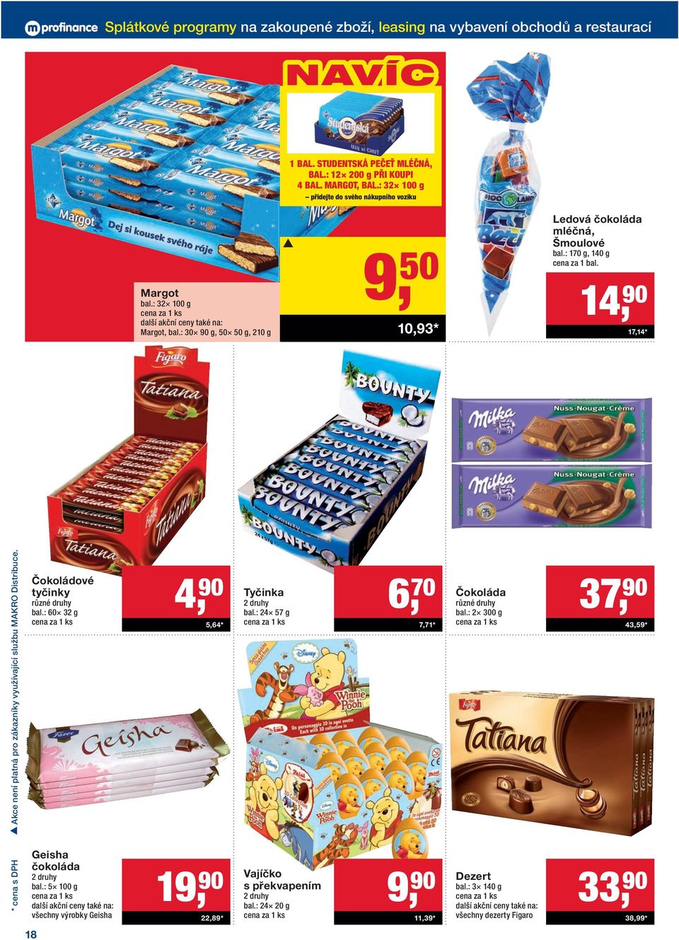14, 90 17,14 * Akce není platná pro zákazníky využívající službu MAKRO Distribuce. Čokoládové tyčinky různé druhy bal.: 60 32 g Geisha čokoláda 2 druhy bal.