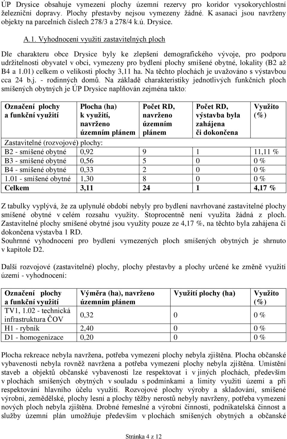 Vyhodnocení využití zastavitelných ploch Dle charakteru obce Drysice byly ke zlepšení demografického vývoje, pro podporu udržitelnosti obyvatel v obci, vymezeny pro bydlení plochy smíšené obytné,