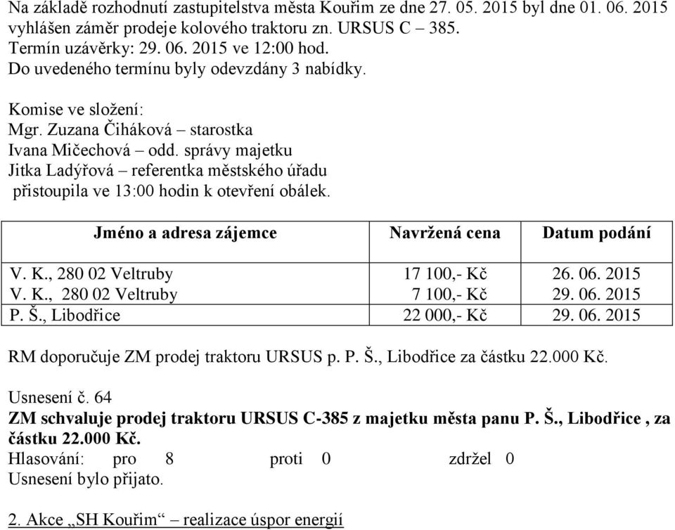 správy majetku Jitka Ladýřová referentka městského úřadu přistoupila ve 13:00 hodin k otevření obálek. Jméno a adresa zájemce Navržená cena Datum podání V. K., 280 02 Veltruby 17 100,- Kč 26. 06.