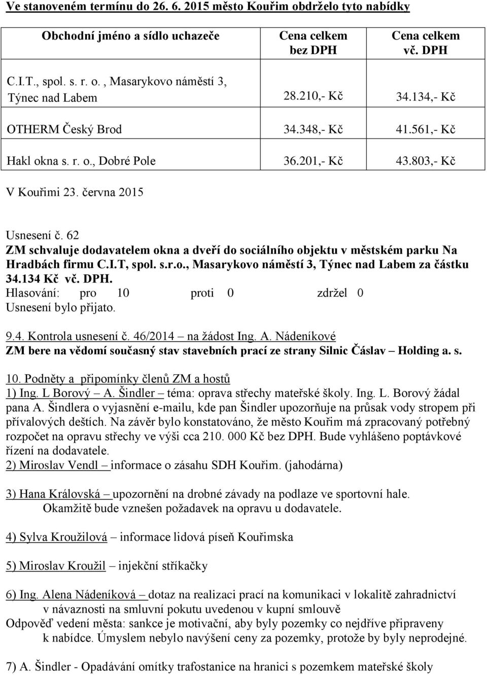 62 ZM schvaluje dodavatelem okna a dveří do sociálního objektu v městském parku Na Hradbách firmu C.I.T, spol. s.r.o., Masarykovo náměstí 3, Týnec nad Labem za částku 34.134 Kč vč. DPH. 9.4. Kontrola usnesení č.