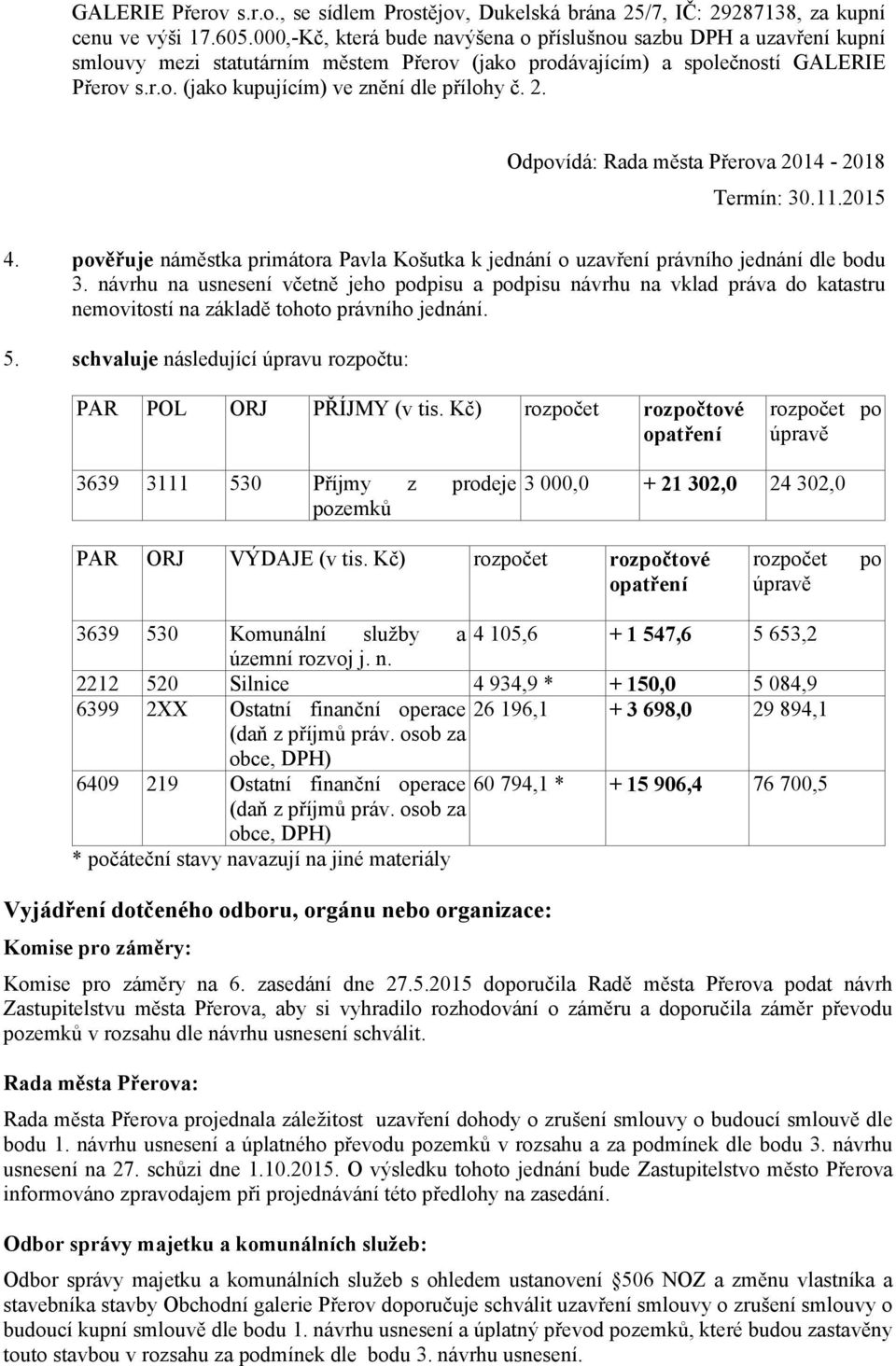 2. Odpovídá: Rada města Přerova 2014-2018 Termín: 30.11.2015 4. pověřuje náměstka primátora Pavla Košutka k jednání o uzavření právního jednání dle bodu 3.