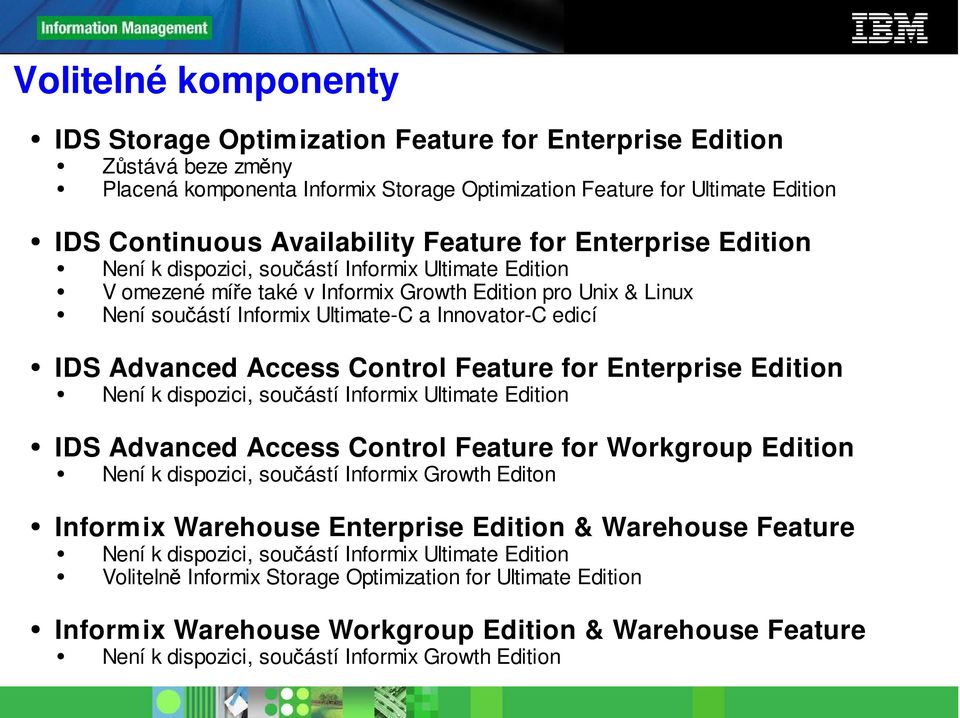 Innovator-C edicí IDS Advanced Access Control Feature for Enterprise Edition Není k dispozici, součástí Informix Ultimate Edition IDS Advanced Access Control Feature for Workgroup Edition Není k