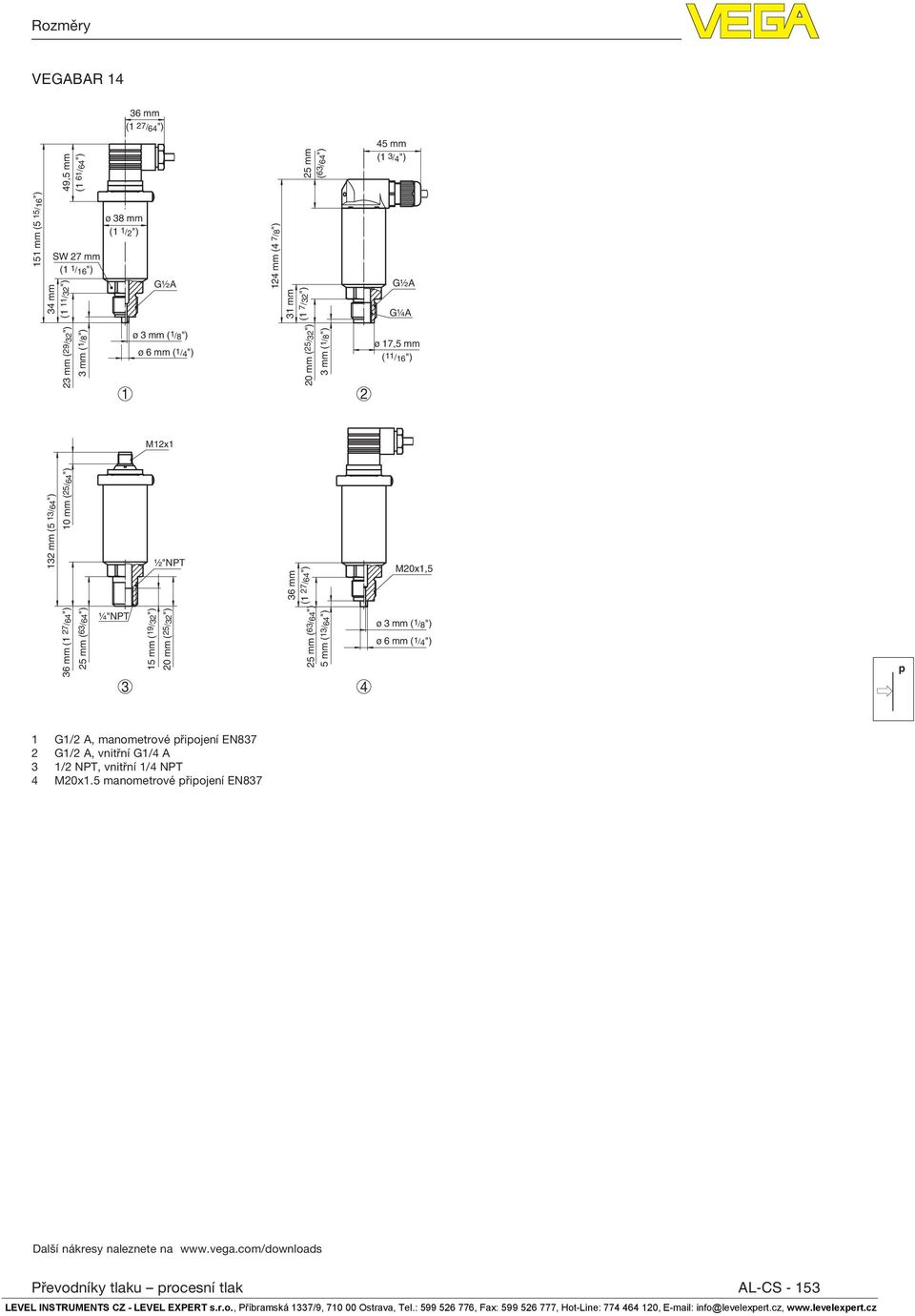 27/64") M20x1,5 36 mm (1 27/64") 25 mm (63/64") ¼"NPT 3 15 mm (19/32") 20 mm (25/32") 25 mm (63/64") 5 mm (13/64") 4 ø 3 mm (1/8") ø 6 mm (1/4") 1 G1/2 A, manometrové řiojení