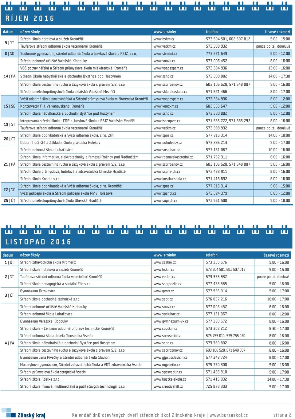 sklarskaskola.cz 571 621 466 8:00-17:00 15 SO Konzervatoř P. J. Vejvanovského Kroměříž www.konzkm.cz 602 555 647 9:00-12:00 Střední škola nábytkářská a obchodní Bystřice pod Hostýnem www.ssno.