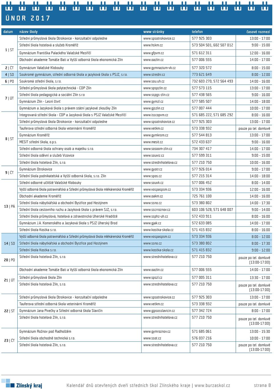 cz 732 603 270, 572 564 493 14:00-16:00 Střední průmyslová škola polytechnická - COP Zlín www.spspzlin.cz 577 573 115 13:00-17:00 7 ÚT Střední škola pedagogická a sociální Zlín s.r.o www.sspgs-zlin.