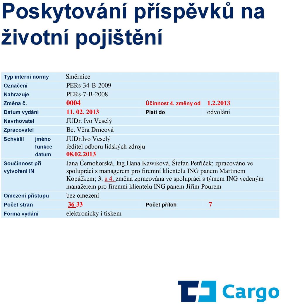 2013 Součinnost při vytvoření IN Omezení přístupu Jana Černohorská, Ing.
