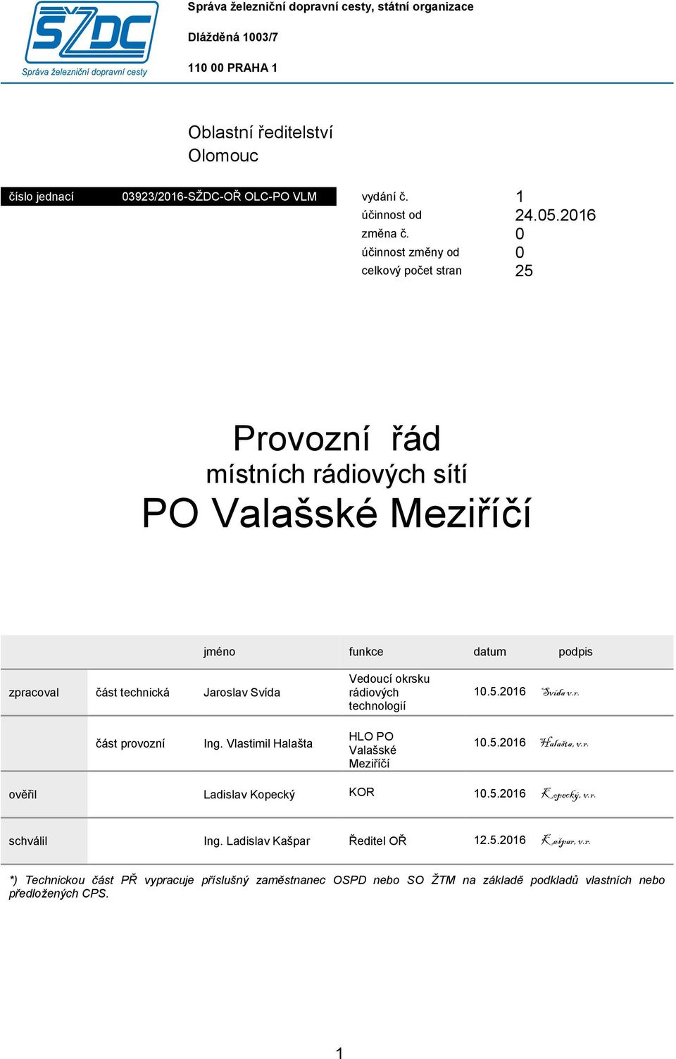 0 účinnost změny od 0 celkový počet stran 25 Provozní řád místních rádiových sítí PO Valašské Meziříčí jméno funkce datum podpis zpracoval část technická Jaroslav Svída Vedoucí okrsku