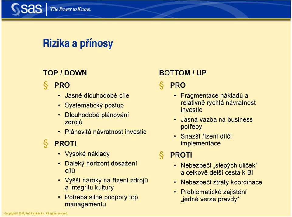 managementu BOTTOM / UP PRO Fragmentace nákladů a relativně rychlá návratnost investic Jasná vazba na business potřeby Snazší řízení